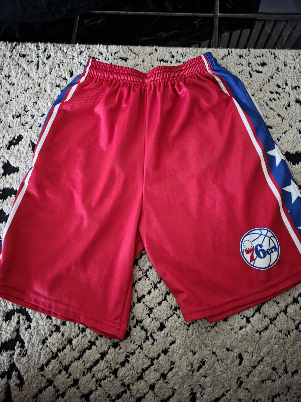 76ers Red Athletic Basketball Shorts with Blue Star Side Panels